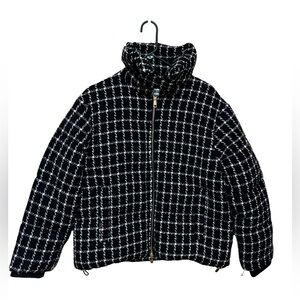 Jason Wu Black White Tweed Puffer Jacket Womens Large Gold Zip Designer NWT Heat